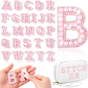 WILLBOND 52 Pieces Self Adhesive Pearl Rhinestone Letter Patches A-Z Bling Rhinestone Letter Stickers Glitter Alphabet Appliques Sticker for DIY Clothes Bags Hats Phone Backpacks(Pink)