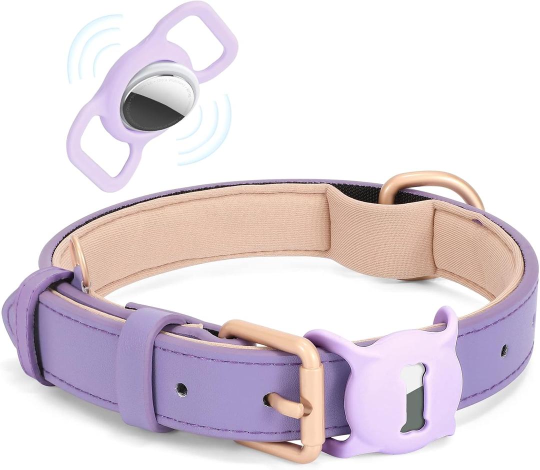 Airtag Leather Dog Collar for Small Medium Large Dog Adjustable Soft Padded Air Tag Puppy Collar Heavy Duty Metal Buckle Collar with Anti-Lost Airtag Holder Protective Case,S,Purple (S:Neck 12.5"-16.5",Width 0.78")