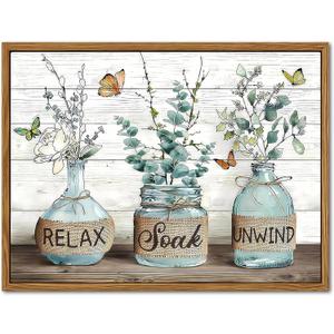 Floating Framed Farmhouse Bathroom Decor Wall Art, Green Botanical Rustic Cotton Pictures Canvas Wall Decor Paintings, Country Relax Soak Unwind Sign Artwork Posters Prints for Bathroom 12x16 Inch