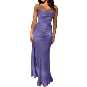 Memoriesea Women's Sexy Strapless Tube High Slit Ruched Party Cocktail Maxi Dress (Purple) M