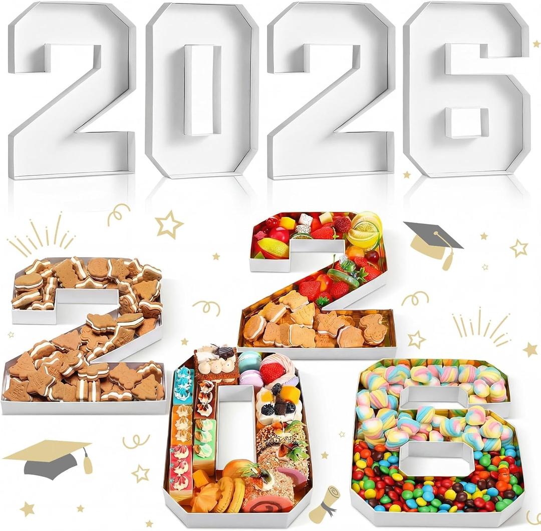 Mooliwe 4 Pcs 2026 Graduation Fillable Numbers for Charcuterie Class of 2026 Cardboard Number Grad Charcuterie Board Serving Trays Graduation Food Box for Tray Party Supplies(White)