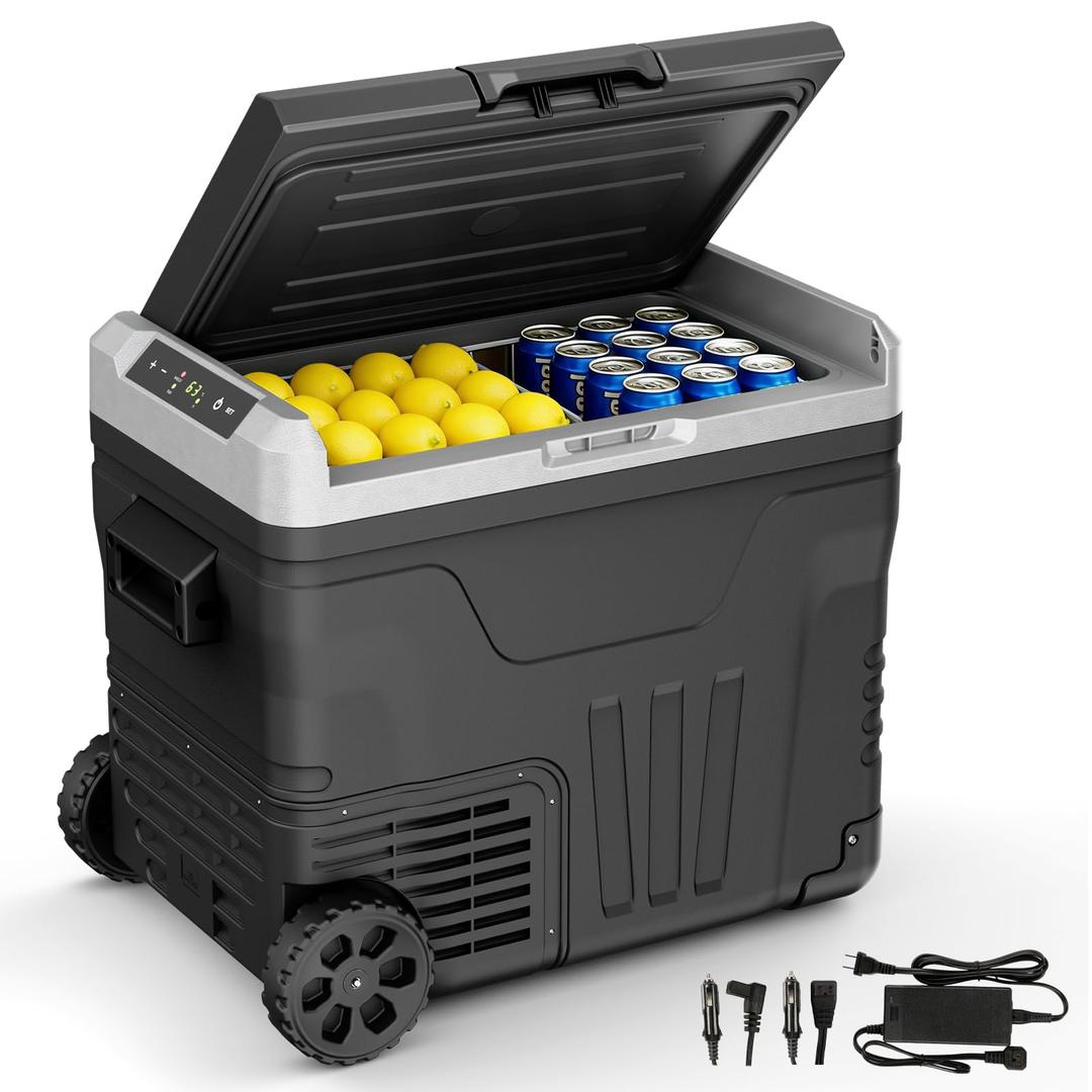 Antarctic Star 12 Volt Refrigerator,53QT(50L) Electric Cooler, Portable Refrigerator Freezer -4~68,12V 24V DC 100 240V AC Car Fridge with Wheels&2 Baskets for Camping,Travel,RV,Car,BLACK