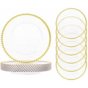 ejonirinjonir 13 Inch Clear and Gold Charger Plates, 6pcs Clear Charger Plates With Gold Beaded Rim, Chargers for Dinner Plate Plastic Perfect for Family Party and Wedding, Table Decorative