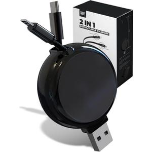 2-in-1 Retractable Charger for Car iPhone and Android, Wall Outlet or PC | Modern Car Charger Retractable Cord | 15W Fast Charging | Does not Work with CarPlay