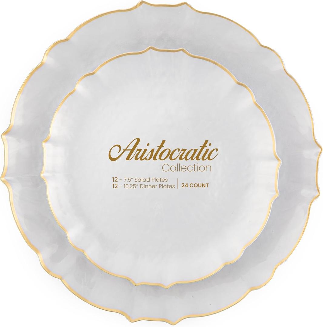 PLASTICPRO 24 Piece Aristocratic Combo Plastic Dinner Plates Disposable Plastic Fancy Heavy Duty Party Dishes 12, 7'' inch and 12, 10'' inch, Pearl White With Gold Rim