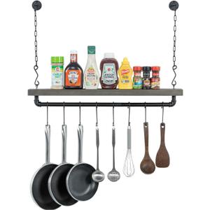 MyGift Ceiling or Wall Mounted Pot Rack with Shelf, Industrial Black Pipe and Gray Wood Hanging Cookware Utensil Organizer with 8 S-Hooks