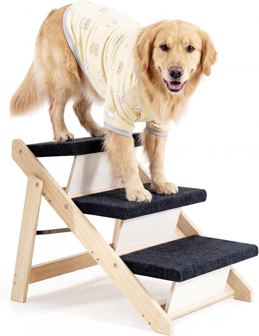 MEWANG Wood Pet Stairs & Ramp for Small/Medium Dogs and Cats, Aging Pets  3-in-1 Foldable, Portable, Non-Slip Pet Ladder for Tall Beds, Couches,CarsHolds Up to 220 lbs (24.8" L x 17.2" W x 19.5" H)