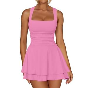 Kaximil Women's Square Neck Ruffle Hem Mini Dress Ruched Waist Short Party Dresses, Medium, Pink Large