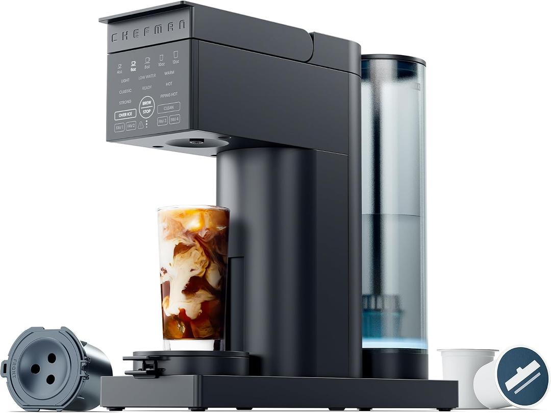 Chefman Caffeinator Single Serve Coffee Maker, Brew Kcups & Grounds, Drip Coffee Machine with Brew Strength Settings, Iced Coffee Function, 48 oz. Removable Water Reservoir