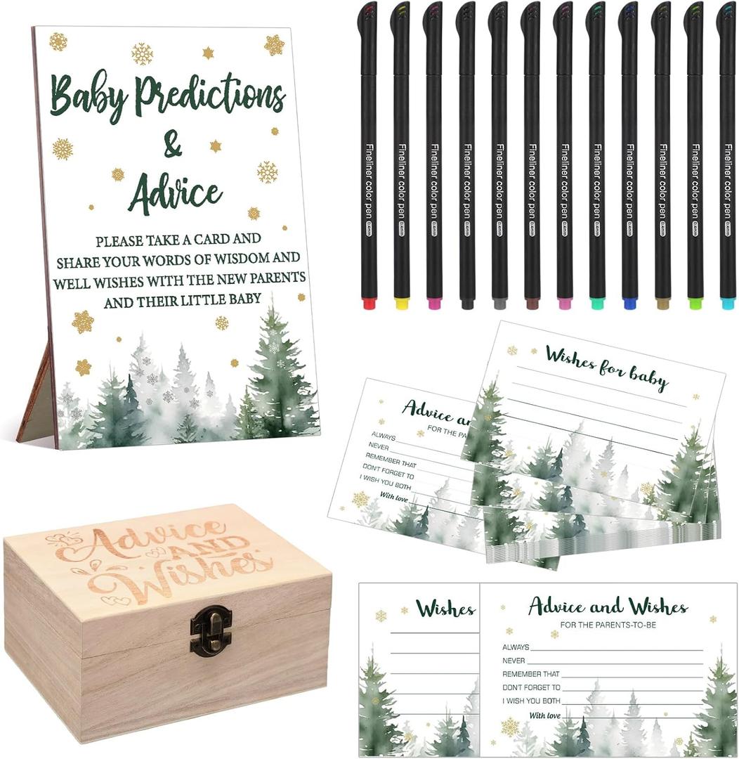 Thyle 134 Pcs Baby It's Cold Outside Shower Games Woodland Winter Baby Shower Games Prediction Advice Cards with 12 Color Pens Keepsake Box for Boys and Girls Winter Neutral Party(Green,Tree)