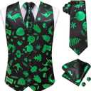 Hi-Tie Christmas Vest and Tie Set For Mens Print Shiny Suit Waistcoat Necktie Xmas Holiday Party Tuxedo Vest (Medium, Black and Green Reindeer)