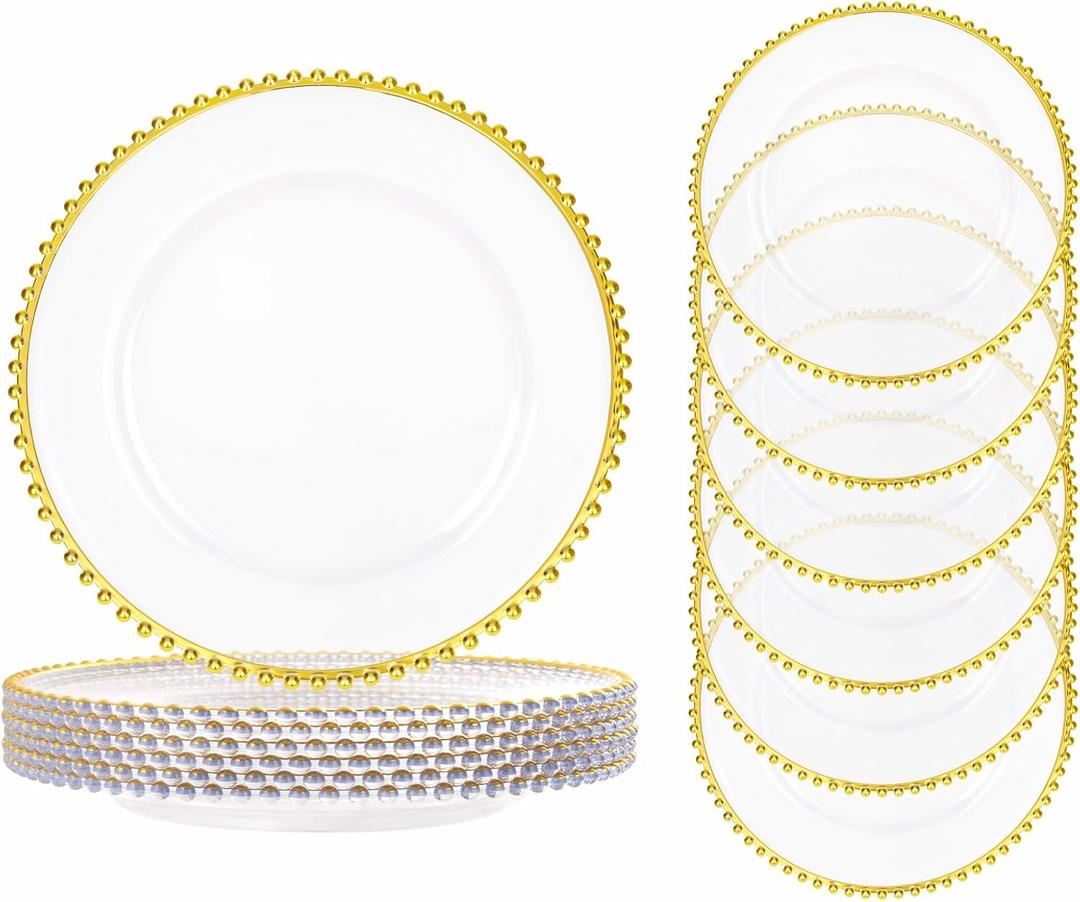 ejonirinjonir 13 Inch Clear and Gold Charger Plates,6pcs Clear Charger Plates With Gold Beaded Rim,Chargers for Dinner Plate Plastic Perfect for Wedding,Afternoon Tea,Spring,Mother's/Valentine's Day
