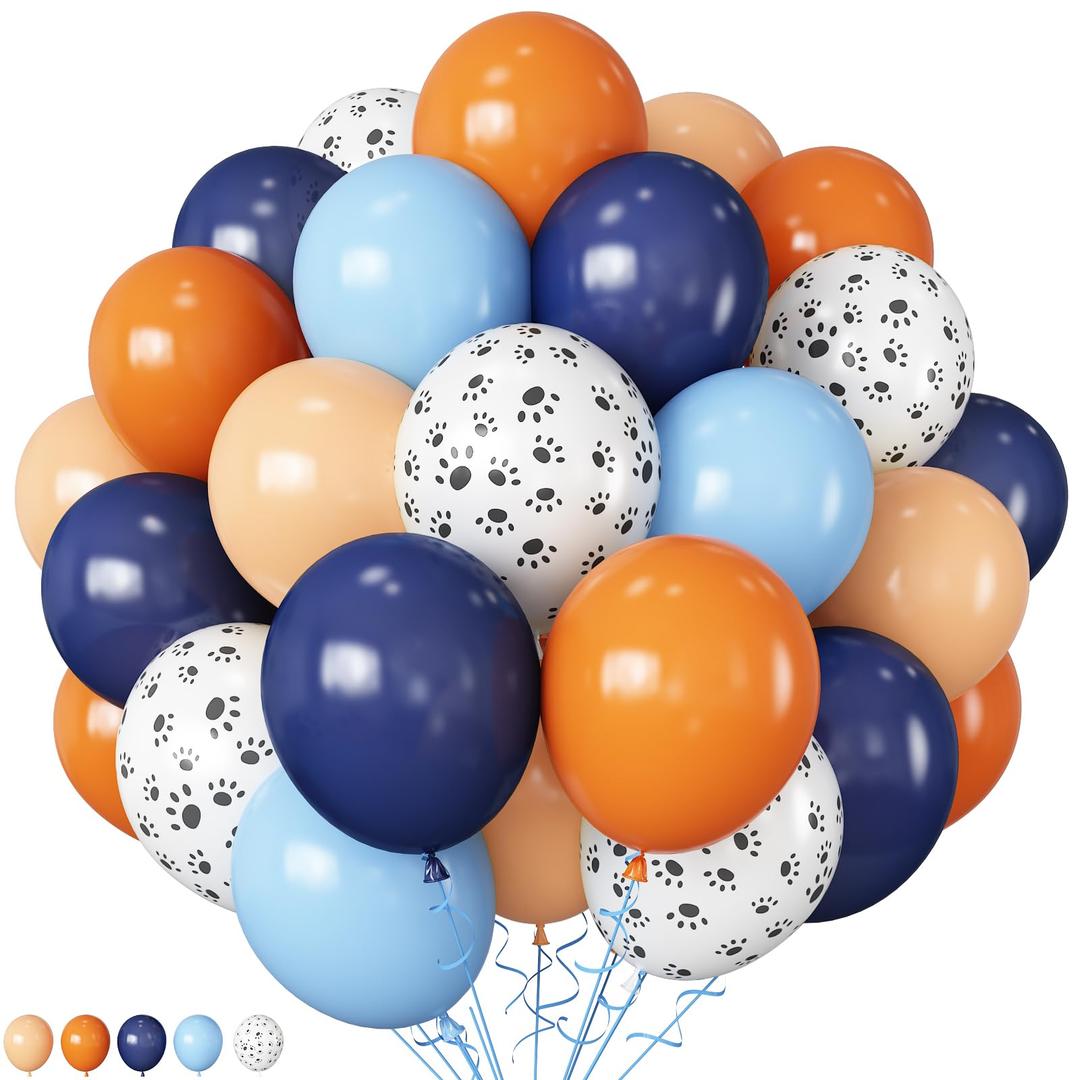 HILAVO Dog Paw Balloons Orange and Blue 60pcs 12 Inch Paw Print Puppy Balloons Navy Blue Pastel Orange Beige Latex Helium Balloon for Boys Paw Space Theme Baby Shower Blue Birthday Party Decorations