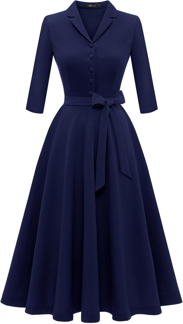 Wedtrend 1940s Dresses for Women 3/4 Sleeve Vintage Tea Party Dress Work Church 1950s Cocktail Dress with Pockets (Blue, XXL)