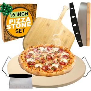Large Pizza Stone for Oven 16 inch - Round Pizza Stone for Grill with Handles, Wood Pizza Peel and Cutter Set - Baking Stone for Bread - Pizza Making Kit Accessories - Gifts for Food Lovers