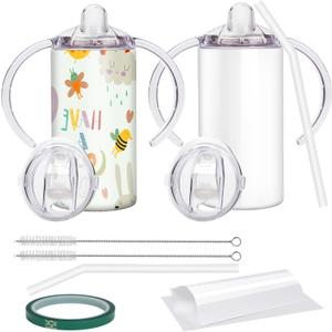 Sublimation Sippy Cup Blank with Handle, 12oz Stainless Steel Sippy Cups, Kids Cups with Straws and Lids Spill Proof Double Wall Vacuum Cup for Children(2 Pack) (2 Pack White)