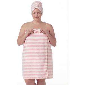 Towel Wrap for Women Plus Size (XL-2XL) with Hair Towel Wrap, Microfiber Bath Wrap Soft & Comfortable Absorb Water Body Wrap Oversized Button Design, Pink Stripe,XL-2XL
