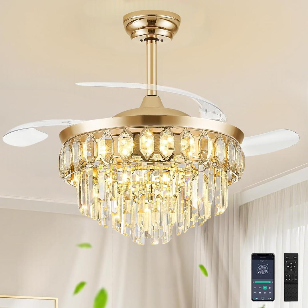 42 Inch Fandelier Ceiling Fan with Light, Chandelier Fan Retractable Ceiling Fan for Bedroom, Living Room, LED Dimmable, 3 Color, 6 Wind Speed-Gold