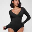 Avidlove Bodysuit for Women Long Sleeve Double Lined Tank Top V Neck Bodysuit Tummy Control Shapewear (Black, L)