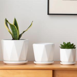 Octagon Ceramic Plant Pots - Indoor White Flower Planter Set with Drainage Holes, 6.7/5.5/4.7 Inch, Modern Decorative Planter Outdoor for Succulents Snakes and Herb (Set of 3)