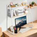 2-Tier Desktop Bookshelf & Hutch - Fits Over Large Monitors - Modern Desk Organizer with Metal Frame - Vertical Storage for Small Desks, Home Office, Dorm, Makeup Vanity (Blonde Wood/White), 37.4 x 12.6 x 35.4 inches