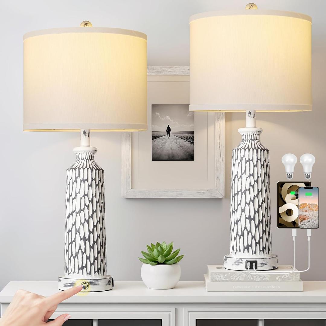 QiMH Table Lamp for Living Room,Bedside Lamps for Bedroom Set of 2 with USB A+C Ports,3-Way Dimmable Touch Control, Modern Coastal White Grey Resin Nightstand Lamp, Included 2700K LED Bulbs
