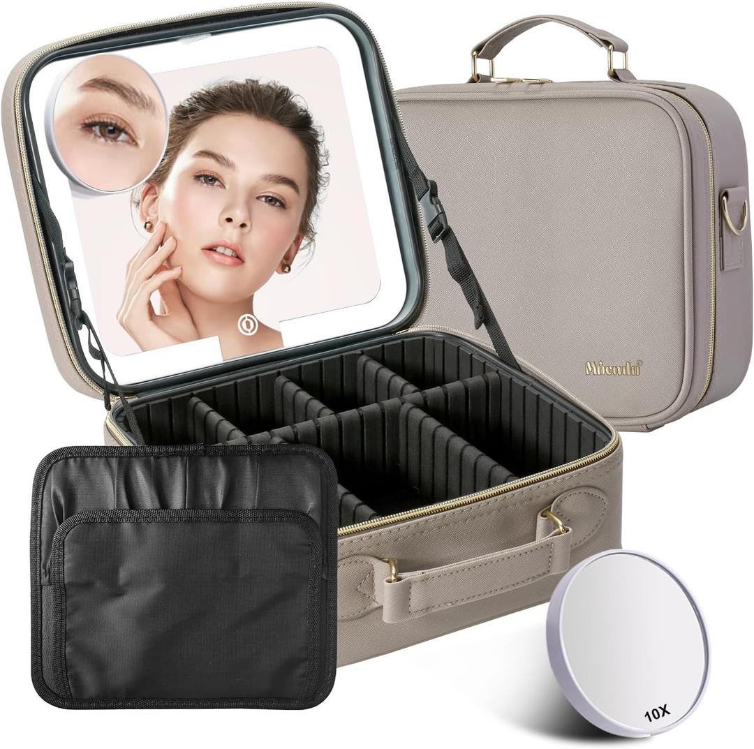 Mocado Travel Makeup Bag with LED Lighted Mirror,Travel Makeup Organizer,Makeup Case with 3 Color Lighted Setting and 10x Magnifying Mirror,Portable Storage and Adjustable Dividers Makeup Box(Grey) Mocado Travel Makeup Bag with LED Lighted Mirror,Travel Makeup Organizer,Makeup Case with 3 Color Lighted Setting and 10x Magnifying Mirror,Portable Storage and Adjustable Dividers Makeup Box(Grey)