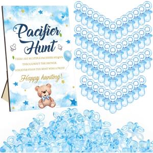 Thyle 51 Pcs Blue Bear Pacifier Hunt Baby Shower Games Include Neutral Bear Themed Hunt Sign and 50 Acrylic Pacifiers for Blue and Brown Baby Shower Game Decoration Gift Sets Gender Reveal Party Decor