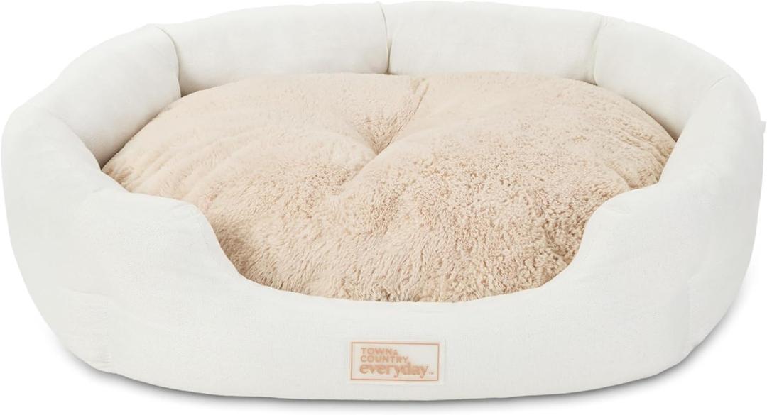 Town & Country Everyday CuddleTown Faux Linen Comfy Cozy Cuddler Pet Bed, Supportive & Calming, Non-Slip Bottom, Machine Washable Cover, Cream, XS 20"x14"x6" (Extra Small)