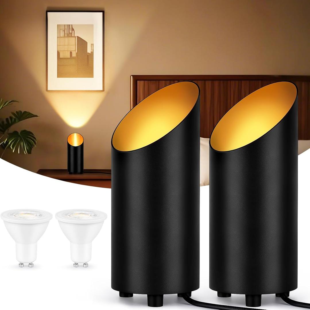 2 Pack Uplighting Indoor, 7W Floor Can Lights with 2700K LED GU10 Bulbs, IP44 Waterproof Uplights Spotlight for Dark Corner Sofa House Plant Wall Artwork Indoor, 6.5FT Plug Cord & Foot Switch
