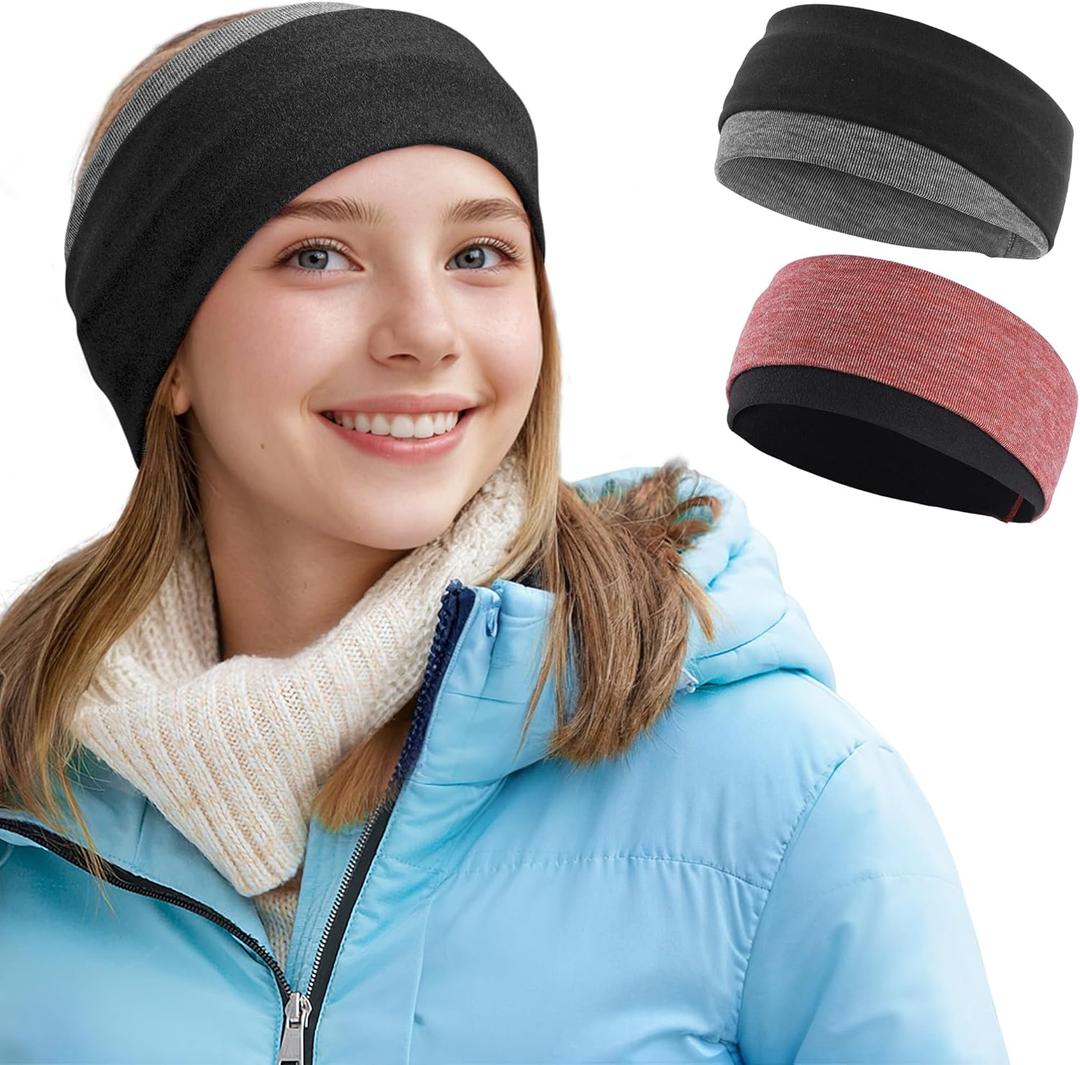 Sukeen Ear Warmer Headband for Women, Double-Layer Warm Winter Headbands for Women, Ear Muffs for Running Cycling Sports (z Black Red, 2 pack)