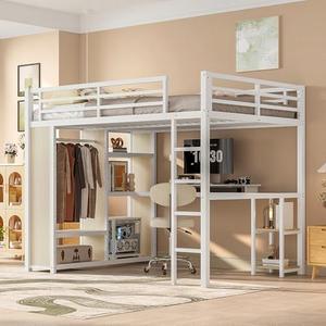KEIKI Queen Size Loft Bed Frame with Built-in Wardrobe, Metal Loft Bed with Desk, Storage Shelves, Hanging Rod, Guardrail and Ladder, Noise Reduced BedFrame for Teens and Adults, White Wood-Grain