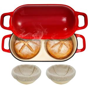 Mini Double Dutch Oven for Sourdough Bread Baking – Enameled Cast Iron Bread Pan with Lid, 500°F Oven Safe Non-Stick, Dual Round Loaf Space (6inch Diameter), Bake Two Different Loaves at Once, Includes 2×5" Banneton Proofing Baskets (Red)