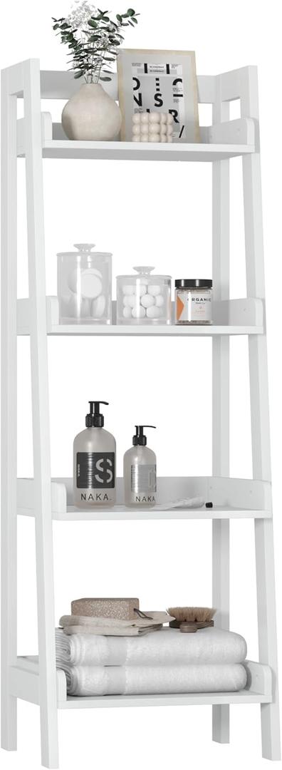UTEX 4-Tier Ladder Shelf, Freestanding Bathroom Shelf, Open Wood Shelving Unit, Bathroom Floor Ladder Shelf (White)