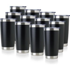DOMICARE 20oz Stainless Steel Tumbler Bulk with Lid, Double Wall Vacuum Insulated Travel Mug, Powder Coated Coffee Cup, Powder Black, 12 Pack