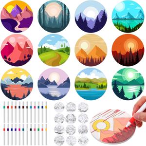 Potchen 12 Pcs Coasters Color Your Own Coaster Ceramic DIY Kits for Adults Absorbent Spring Drink Coasters with Cork Base and 12 Markers for Adult Home Table DIY Crafts Gift(Landscape)