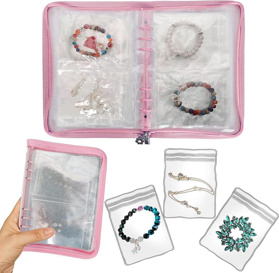 Bracelet Holder Travel Jewelry Organizer Case Transparent Jewelry Storage Book for Earring Necklace Ring with Small Clear Zippered Pouch (Pink,48 PCS Large Bags)