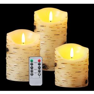 qinxiang Flameless Candles LED Candles Birch Bark Set of 3 (D 3.25" x H 4" 5" 6") Ivory Real Wax Pillar Battery Operated Candles with LED Flame 10-Key Remote Control and Cycling 24 Hours Timer