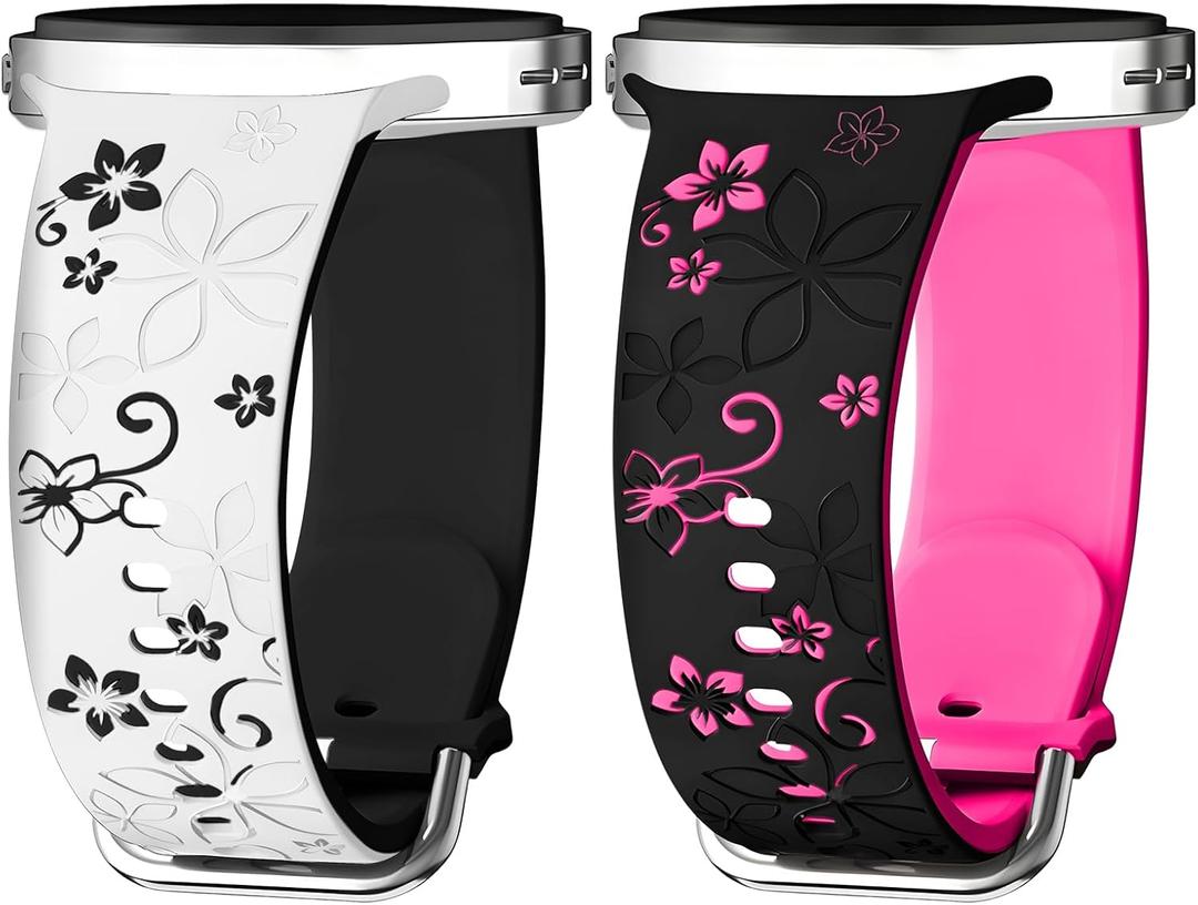 2 Pack Two-Tone Flower Engraved Bands Compatible with Samsung Galaxy Watch 8 40mm 44mm/Galaxy Watch 8 Classic 46mm,No Gap Soft Silicone Sport Strap Women (Black Hotpink+White Black)