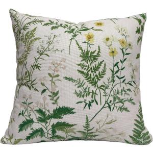 Green Floral Throw Pillow Covers 18x18 - Faux Linen Botanical Wildflower Decorative Cushion Case, Double Sided Farmhouse Spring Decor for Sofa Couch Living Room (1 Pack, No Insert)