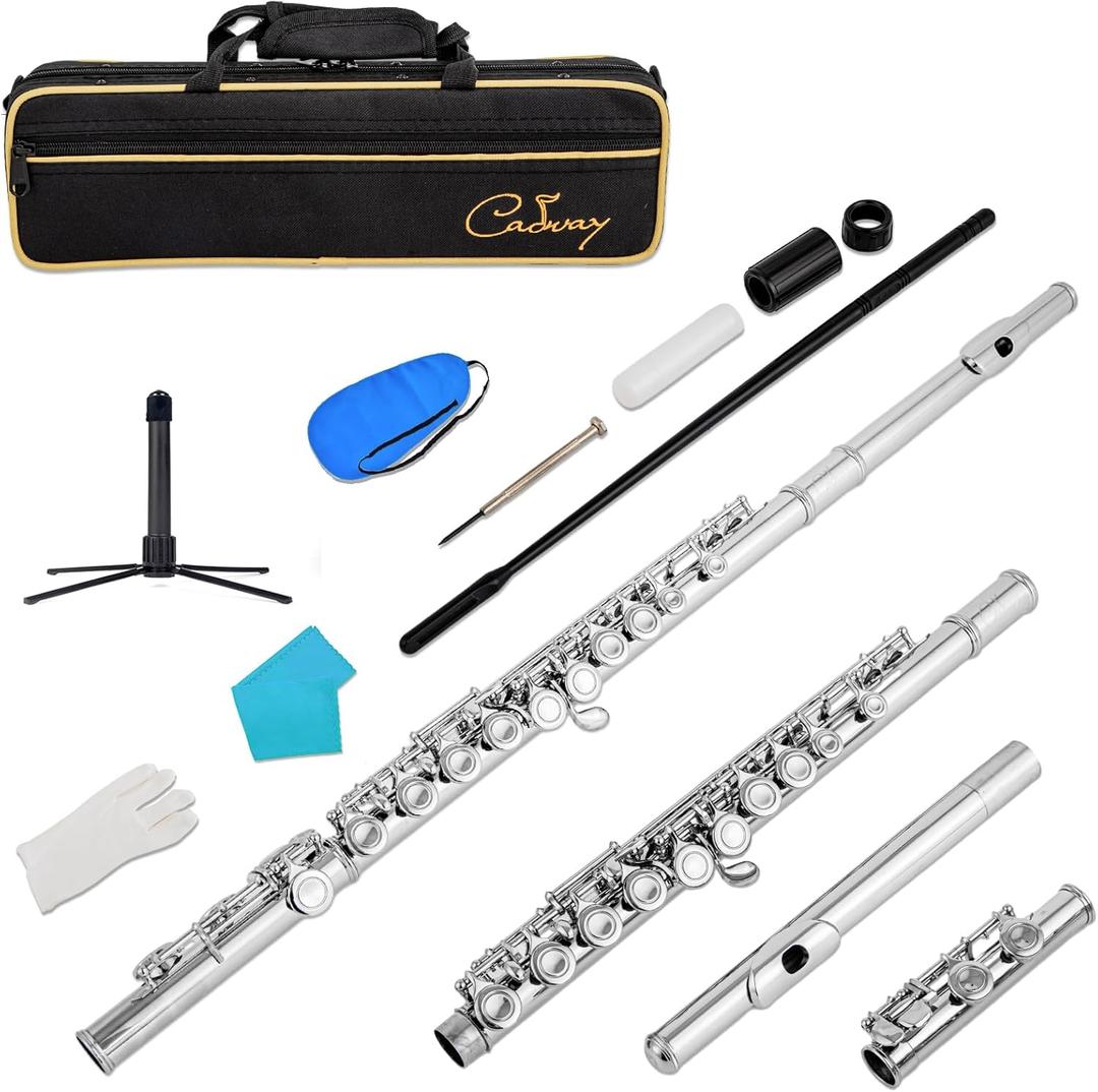 New C Flutes Closed Hole 16 Keys Flute for Beginner Flute Instrument with Cleaning Kit, Stand, , Gloves, Tuning Rod,Carrying Case, Nickel (Nickel)