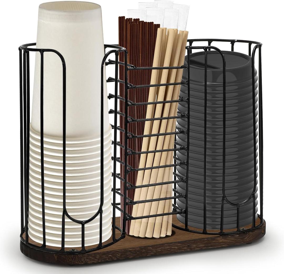 Tanggiteck 3-Compartment 18oz Coffee Cup Dispenser Rack with Wood Base, Disposable Cup, and Lid Organizer for Countertop - Perfect for Paper Cups, Straws, and Kitchen Cabinet Storage