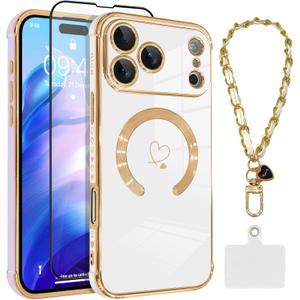 OOK Magnetic Phone Case iPhone 17 Pro Max 6.9 Inch [Compatible with MagSafe] Soft TPU Heart Phone Cover with Screen Protector Shockproof Protection Slim Case with Strap Lanyard for Women - White