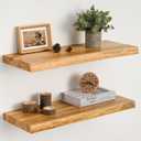 Floating Shelves Set of 2, Solid Elm Wood Wall Shelves 24 Inch - Invisible Bracket Mount for Living Room, Bedroom, Kitchen, Bathroom - Natural