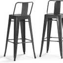 SIMPLIHOME Rayne Bar Stools (Set of 2) - 30 inch Seat Height Industrial Metal Chairs in Grey, Contemporary Seating for Kitchen or Bar with Curved Back, Under-Seat Cross Brace, and Footrest