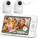 bonoch Upgraded 1080P Baby Monitor with 2 Cameras, 7" MegaView Split Screen Baby Monitor No WiFi, Dual Video Monitor with Camera and Audio, 6000mAh, White Noise, 2 Way Audio, PTZ, Night Vision