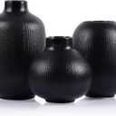 Black Ceramic Vase Set of 3, Minimalist Decor, Home Decorative Vase, Modern Ribbed Vases, Black Vase Set for Kitchen, Bedroom, Office, Living Room, Bathroom, & Shelf Centerpiece Table Decoration