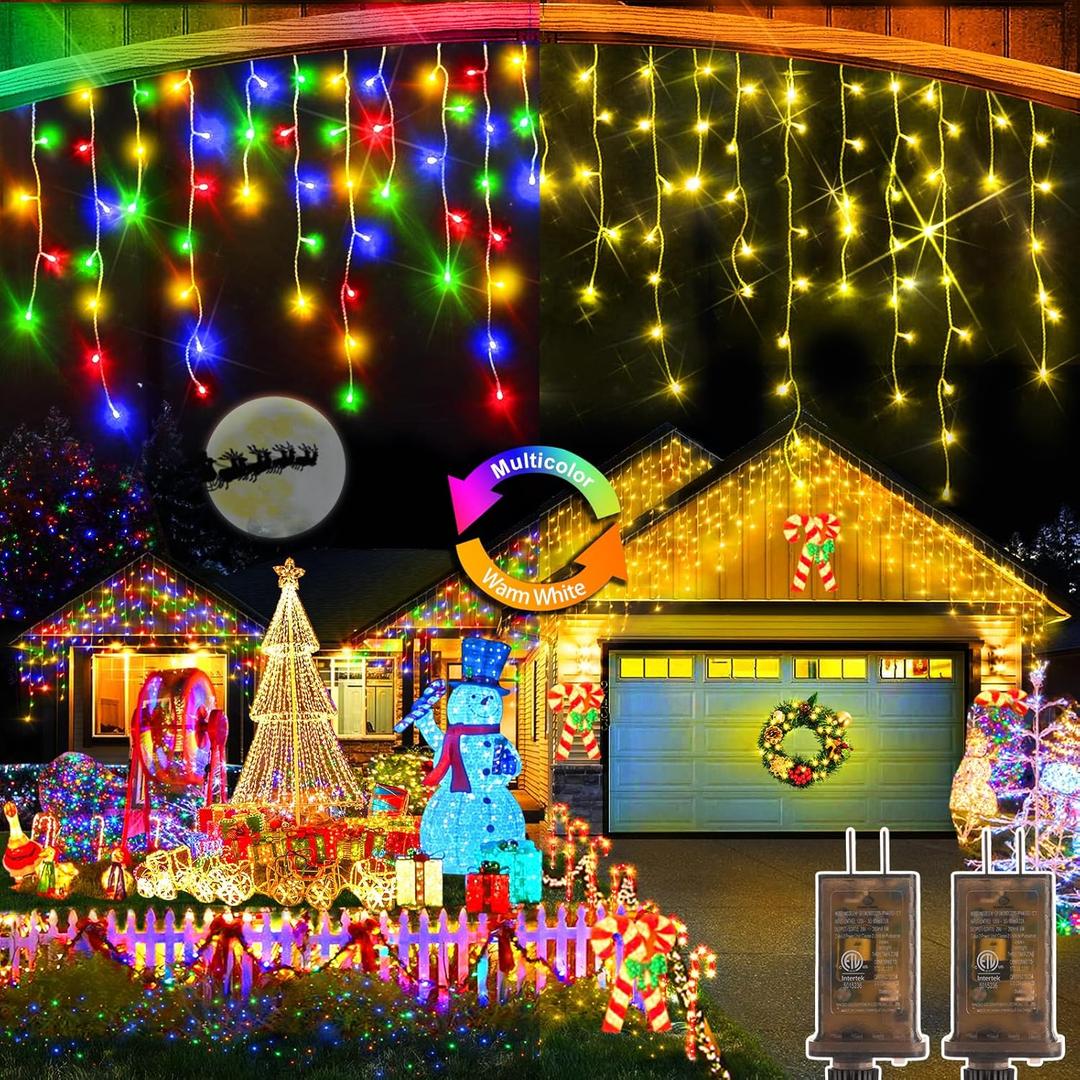 Heceltt Color Changing Christmas Lights, 2 Pack Total 98FT 960 LED Ice Lights for Outside with 180 Drops, 11 Modes Warm White to Multicolor Ice String Lights for Christmas Eaves Party Decorations