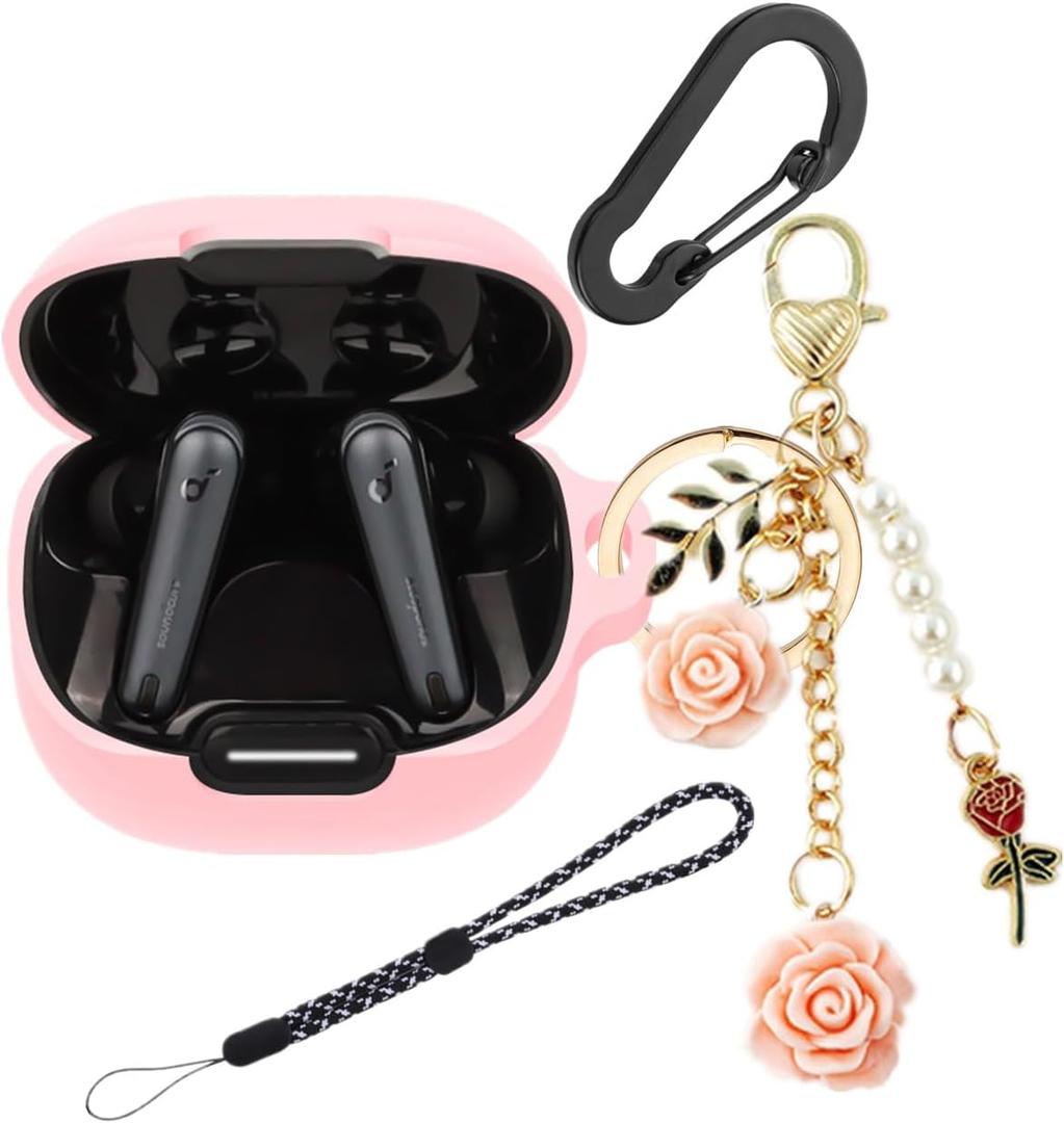 Silicone Case for Anker Soundcore Liberty 4 NC with Cute Keychain Lanyard Shockproof Protective Cover Compatible with Earbuds Soundcore Liberty 4 NC Charging Box Case Cover for Women Men (Pink)