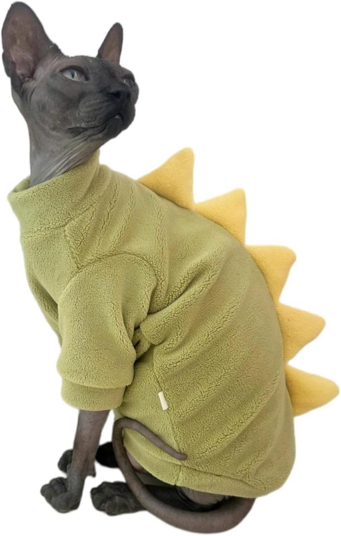 Dinosaur Sphynx Cat Clothes, Soft Polar Fleece Sweater for Cat, Elastic Pet Clothes Thick Winter Warm Outfit for Hairless Cat, Devon, Cornish, Small Dogs Apparel with Sleeves (Green, XX-Large) (XXL (12.5-15 lbs)